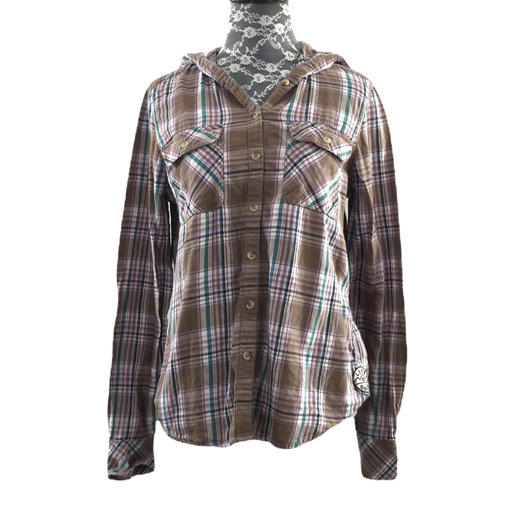 Life‎ Is Good Tan Pink Plaid Hooded Button Front Shirt Womens Small Classic Fit